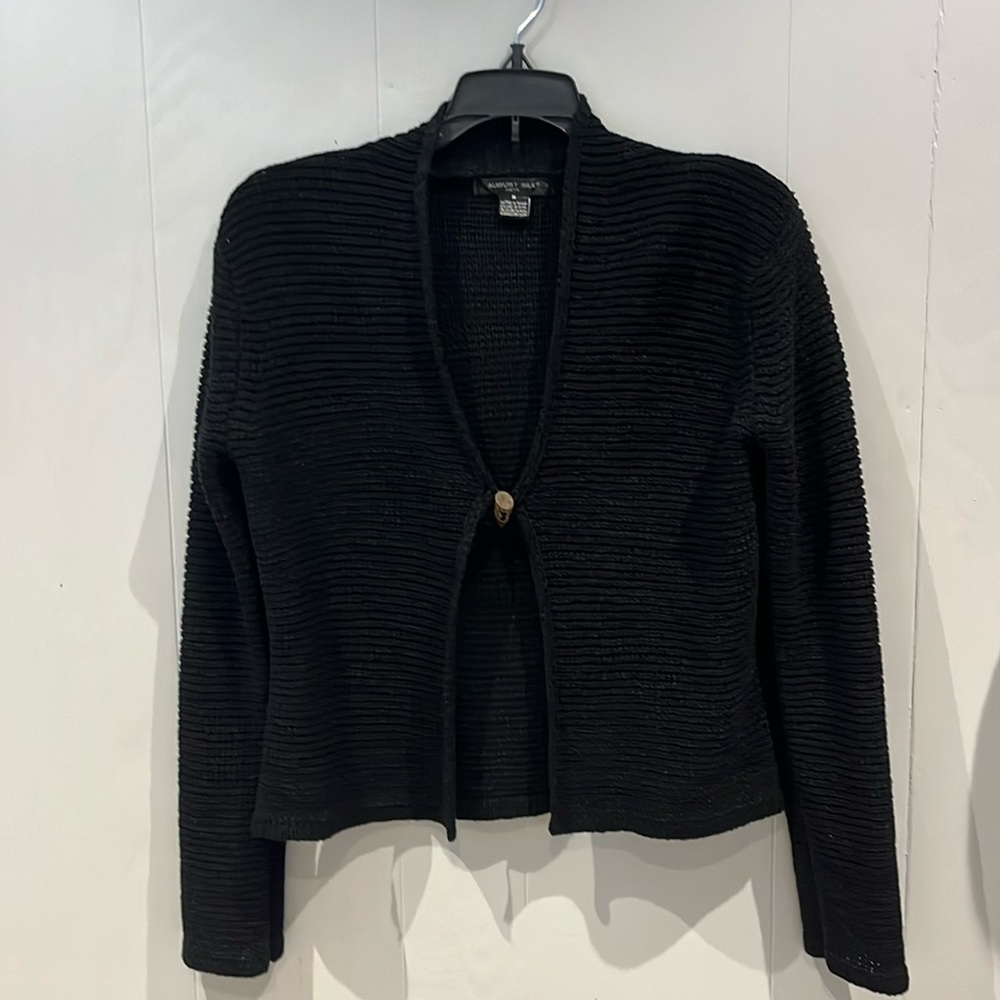 August Silk open front cardigan sweater. Bone closure. Ribbed waist length.
